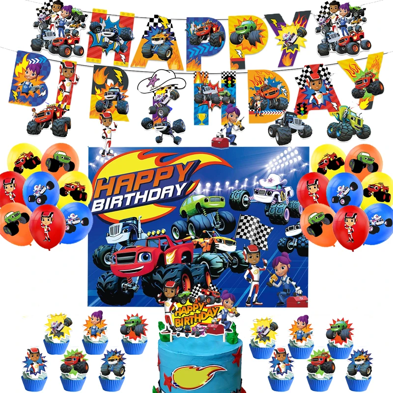 New Blaze and the Monster Machines Birthday Party Decoration Blaze foil Balloon Backdrop Banner Cake Topper Baby Shower