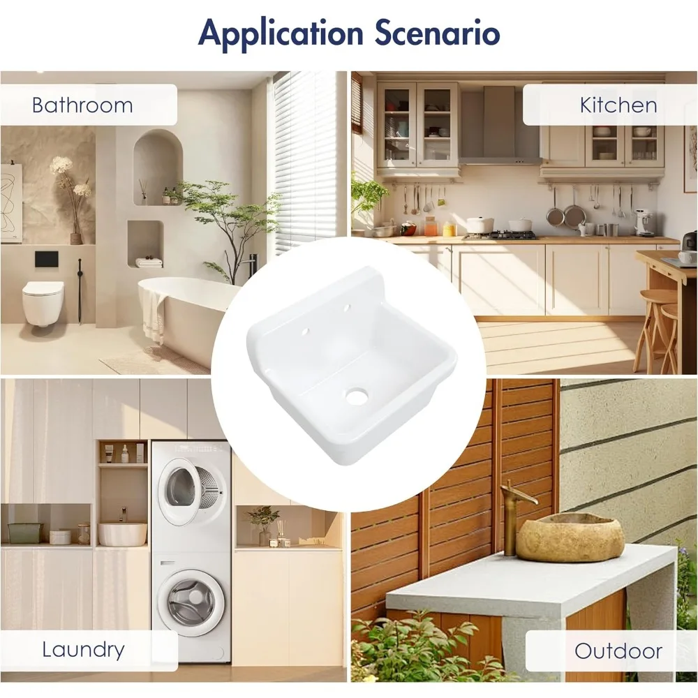 24 Inch Utility Sink, Farmhouse Kitchen Sink Wall Mounted Laundry Sink Floating Porcelain Ceramic Trough High Back for Garage,