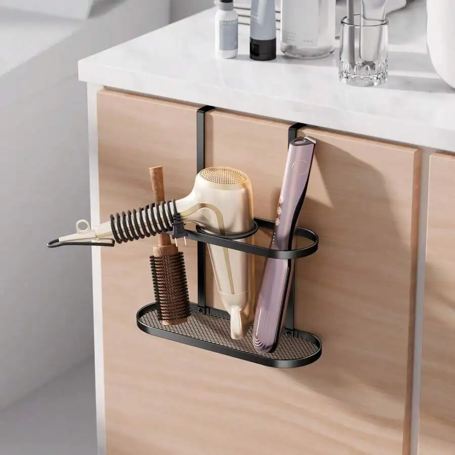 

3-In-1 Hair Tool Organizer For Dryer Straightener Curling Iron Cabinet Door Or Countertop Black Elliptic Frame