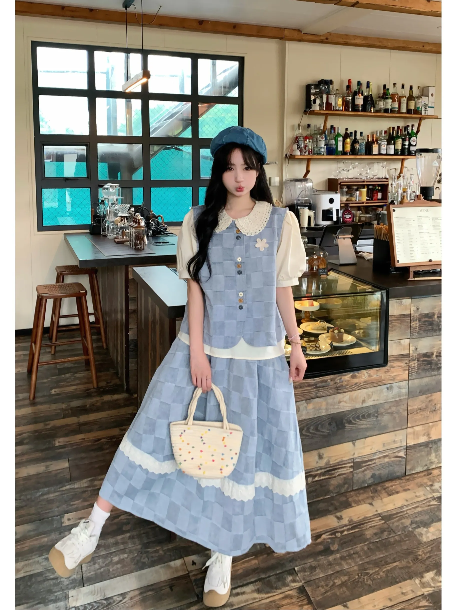 

Slimming Large Size Summer New Style Doll Collar Short Sleeve Shirt And Plaid Vest Top Half Skirt Fashion Set Korean Loose Fit