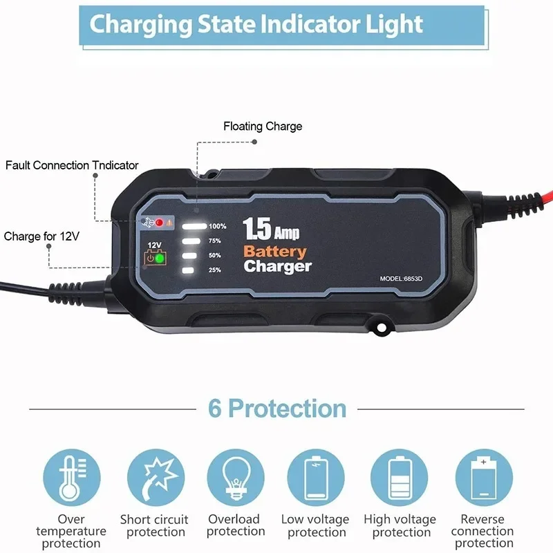 12V 1500mA Automatic Smart Motorcycle Battery Charger Maintainer for Car/RV/ATV/Boat Automatic Battery Trickle Charger with LED