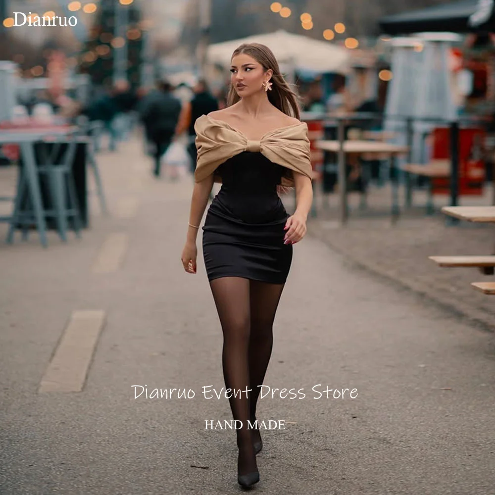 

Dianruo Satin Pleat Prom Dresses Mini Ruched Large Bow Adorned Homecoming Dress Off The Shoulder Bodycon Party Gowns Customized