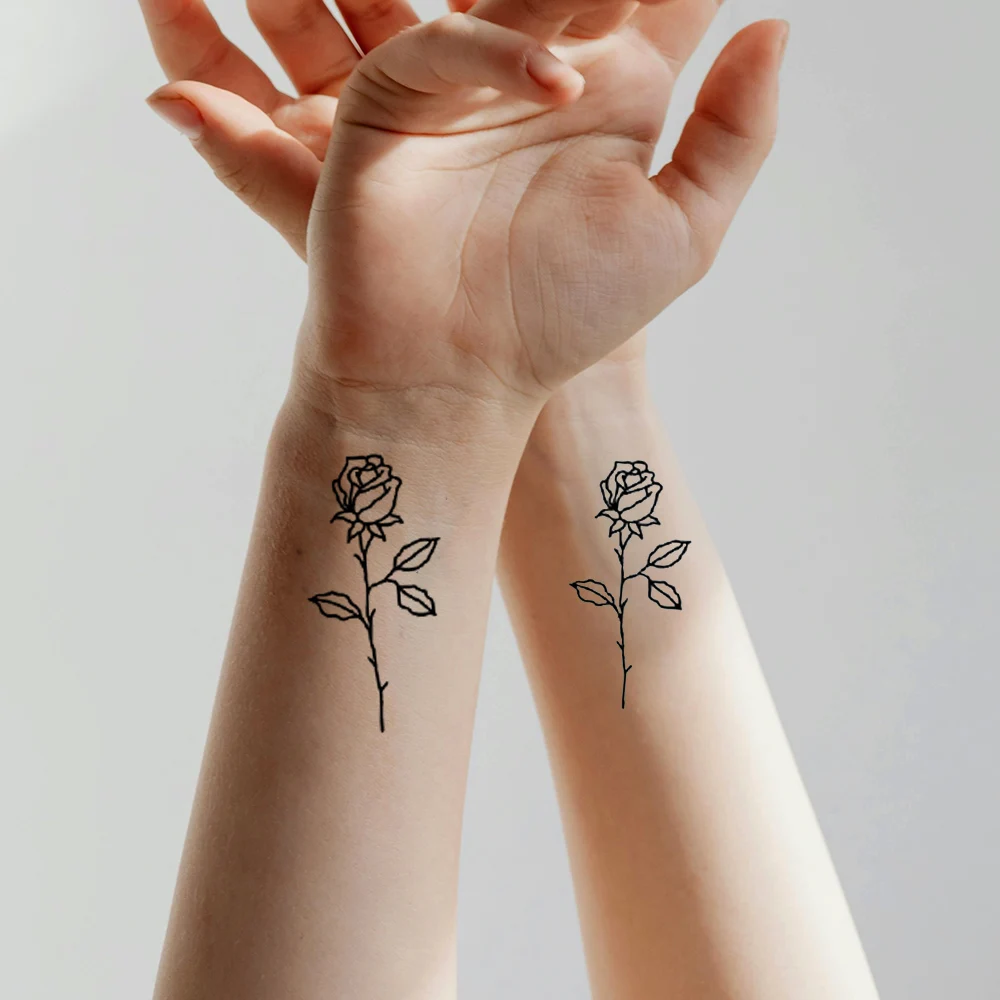 

2Pcs Waterproof Temporary Tattoo Stickers , Black Rose Floral Body Art for Women, Minimalist Line Elegant Finger Tattoos