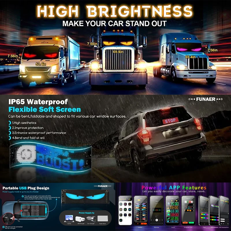 LED شاحنة العين LED شاشة مرنة DIY مصفوفة بكسل لوحة ضوء التمرير النص الرسوم المتحركة APP التحكم نمط عرض ديكور