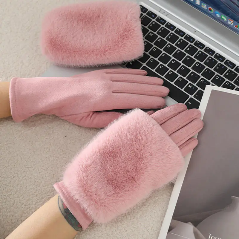 

Комплект из двух предметов, перчатки для девочек, зимние теплые ветрозащитные и морозостойкие плюшевые комбинированные перчатки с сенсорным экраном, сплошной цвет, новый стиль