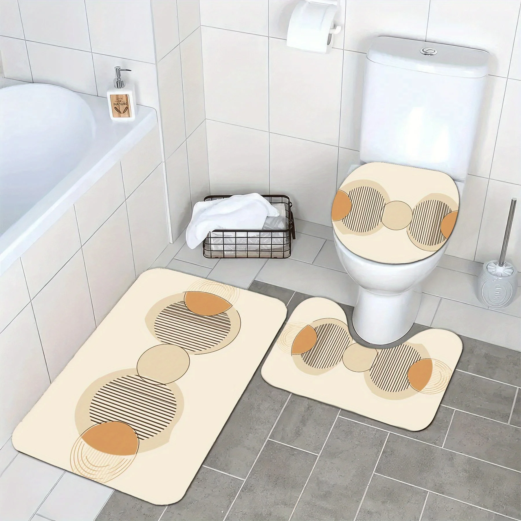 3pc Geometric circular pattern bathroom set, U-shaped mat, non-slip mat, toilet seat cover, suitable for bathroom decoration.