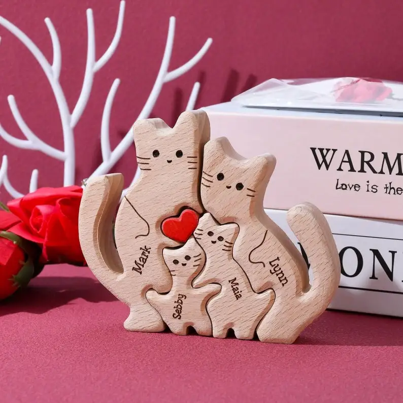 2025 Cat Family Puzzle New Year Gifts Personalized Wooden Custom Engraving Names Figurines Home Holiday Decor for Mom Dad Kids