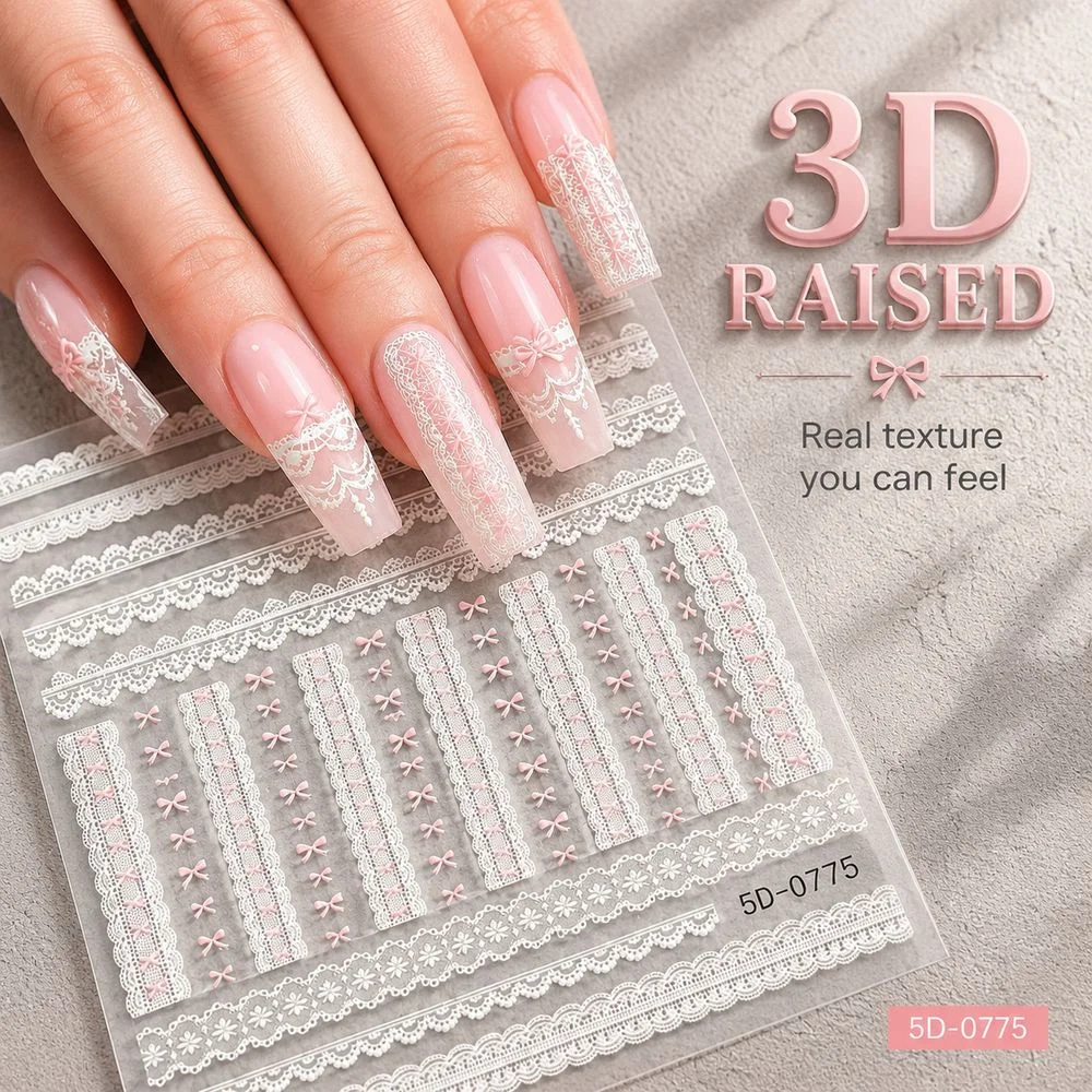 1 Stück Romantische Schleifen-Spitzen-Nagelaufkleber 5D Geprägte Weiße Spitzenstreifen-Aufkleber Rosa Schleifenmotiv Für Den Täglichen Gebrauch Elegante Nagelverzierungen – Detail 1