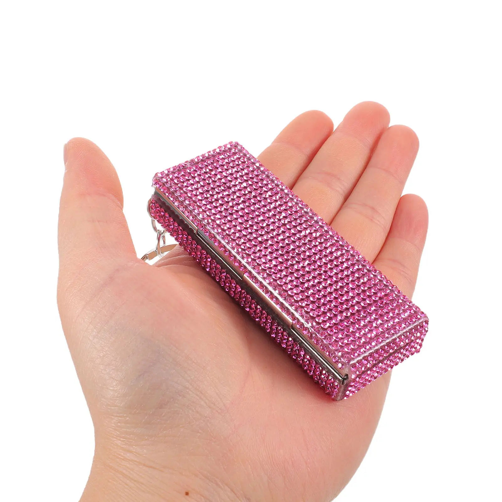 Aluminum Alloy 6 Compartment Rhinestone Pill Box Bling Organizer Keychain Portable Travel Medicine Case Small Pink Purse Pill