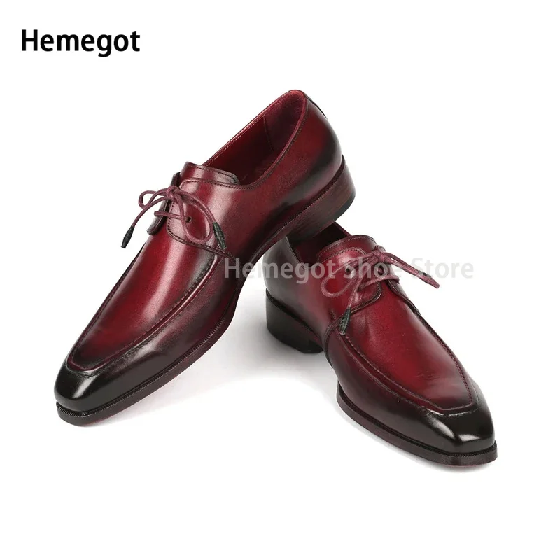 Men's Vintage Red Cowhide Shoes Luxury Lace-Up Pointed Toe Dress Shoes for Wedding Party Commuter Business Fashion Loafers