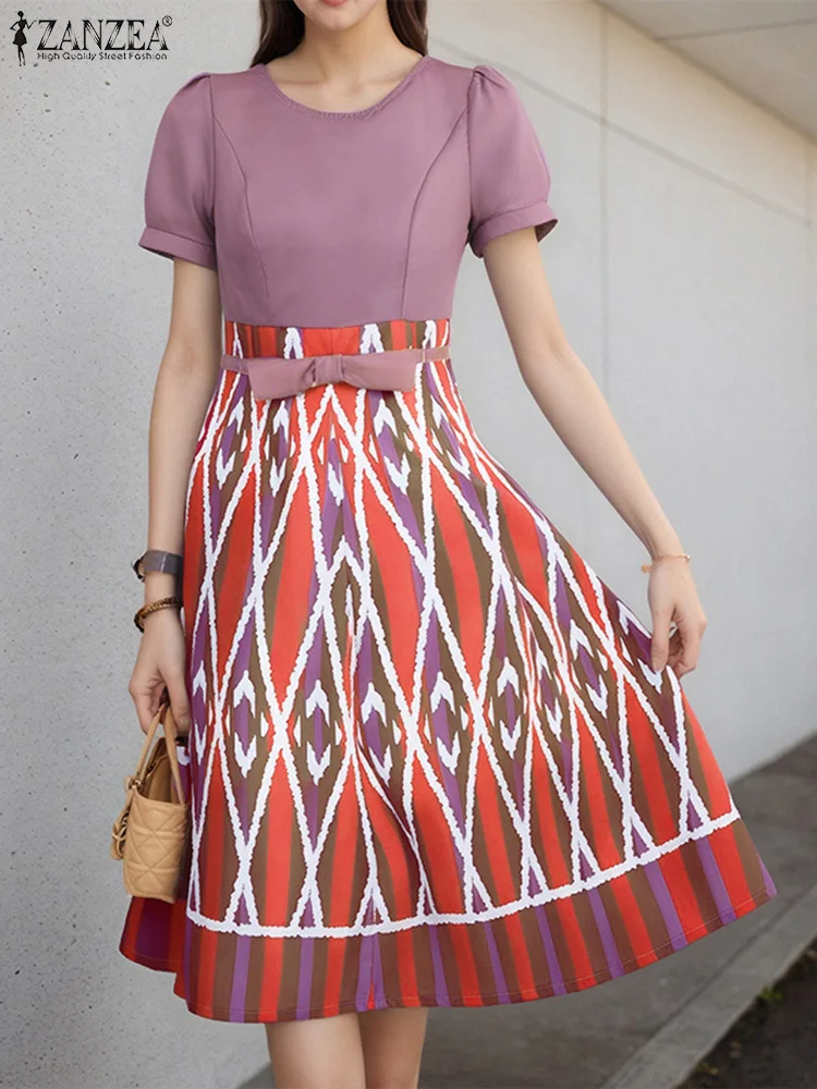 

ZANZEA Bohemian Print Dresses Women Summer Short Sleeve Midi Sundress 2025 Fashion Casual Loose Waisted Party A-Line Vestidos