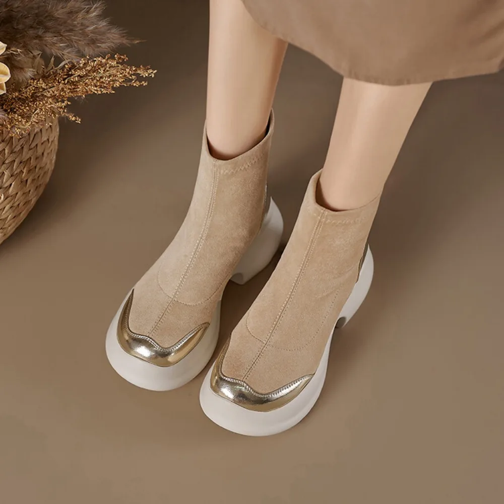 INS Suede Round Toe Thick Soled Wedges Ankle Boots Stretch Women Warm Shoes Winter Slip On Platform High Heels Short Boots image 4