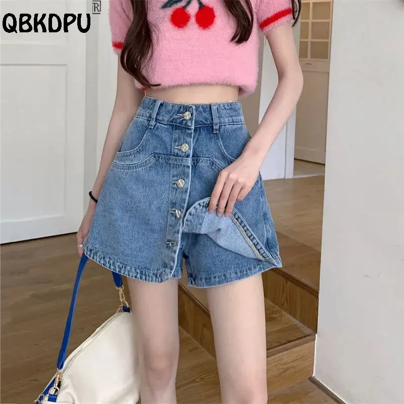 

Summer Single-Breasted Denim Shorts Women Korean Fashion High Waist Jean Culottes 2023 Mini Pantskirt Blue Black Baggy Shorts