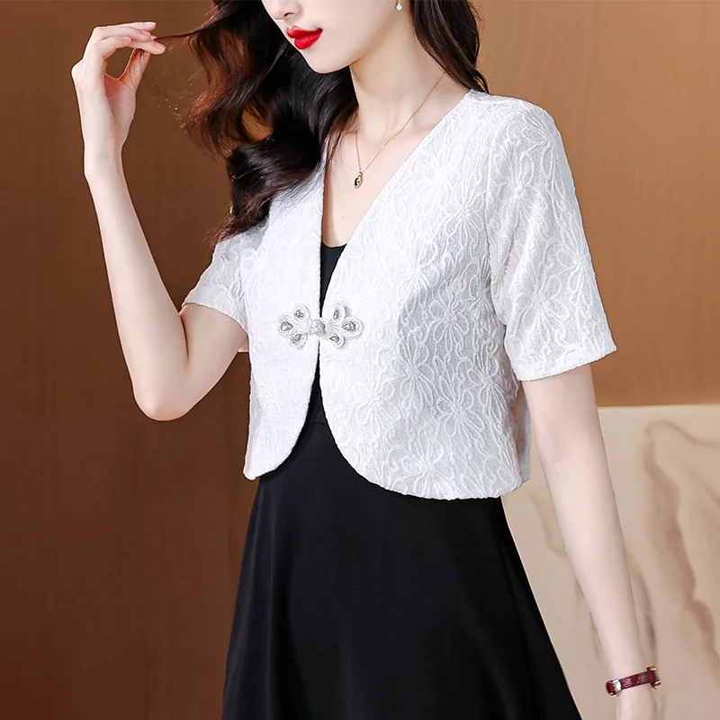 Summer Short Sleeve V-Neck Black White Women Jacket Chinese Style Jacket Coat Women Blusas Mujer De Mode 2024 Verano Blusa H616