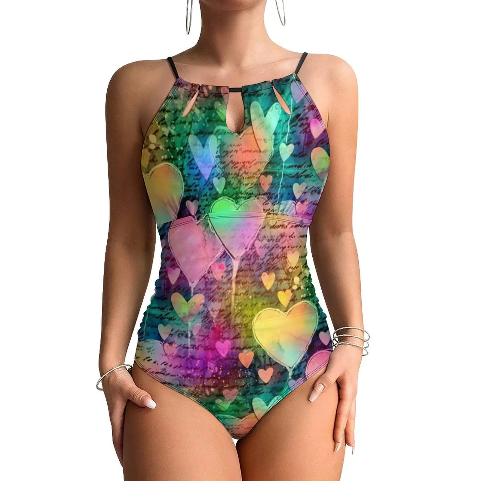 Abstract Letters Print Swimsuit Love Heart Push Up Swimwear One Piece Holiday Surf Bathing Suit Swimsuits Graphic Beach Outfits