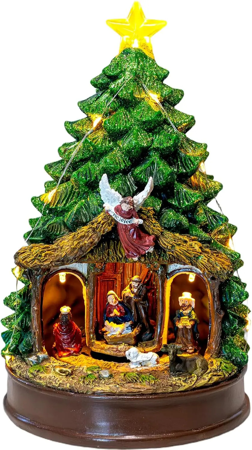 Rotating Nativity Scene Christmas Tree with LED Lights, Music, and Angel Figurines for Tabletop Decor