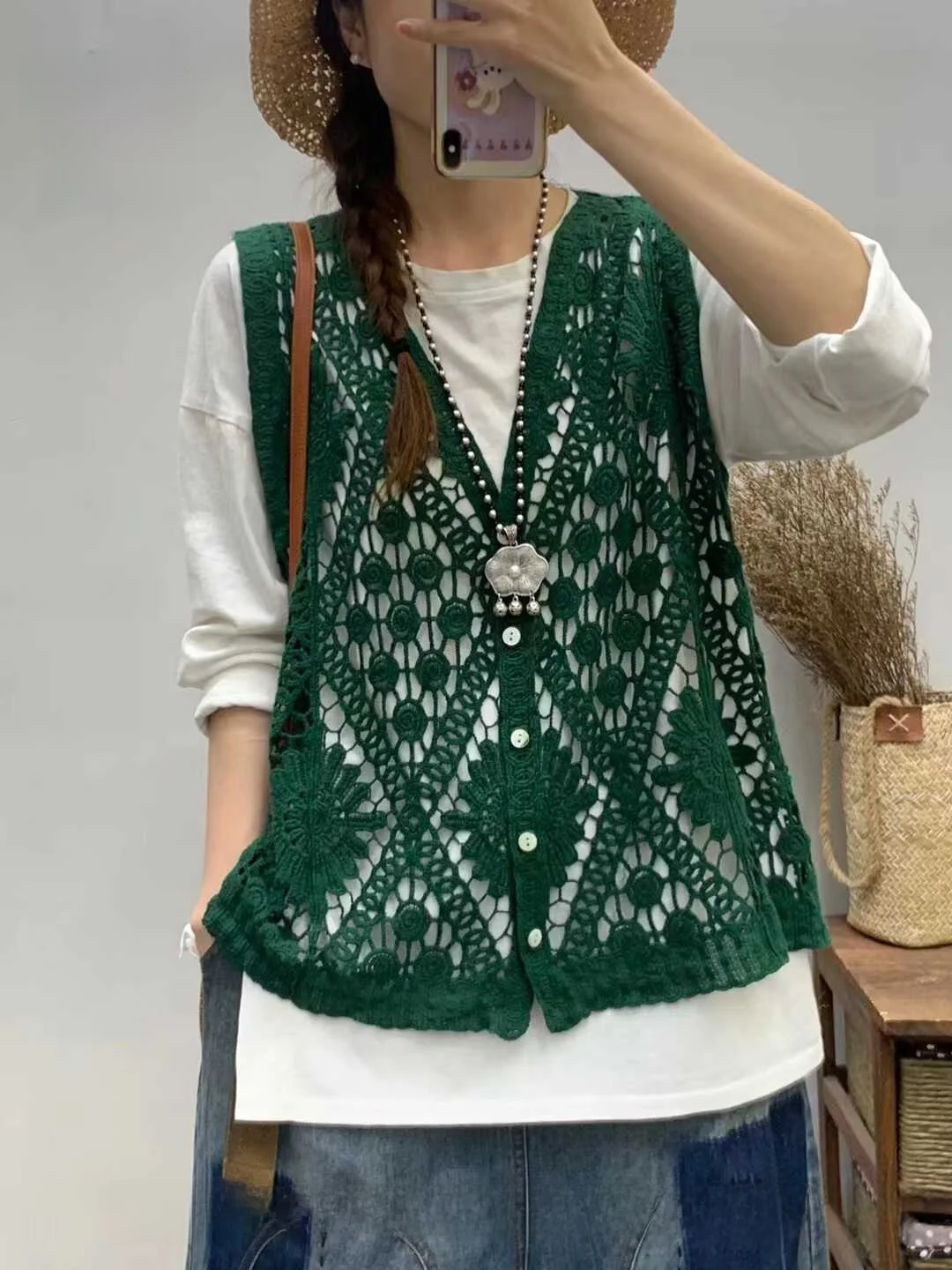 เสื้อคาร์ดิแกนถักโครเชต์ไหมฝ้ายสไตล์เรโทร ลายฉลุ แขนสั้น เปิดไหล่ สำหรับผู้หญิง สีสันศิลปะ ลำลอง ทรงเวสต์ คอวี  ...