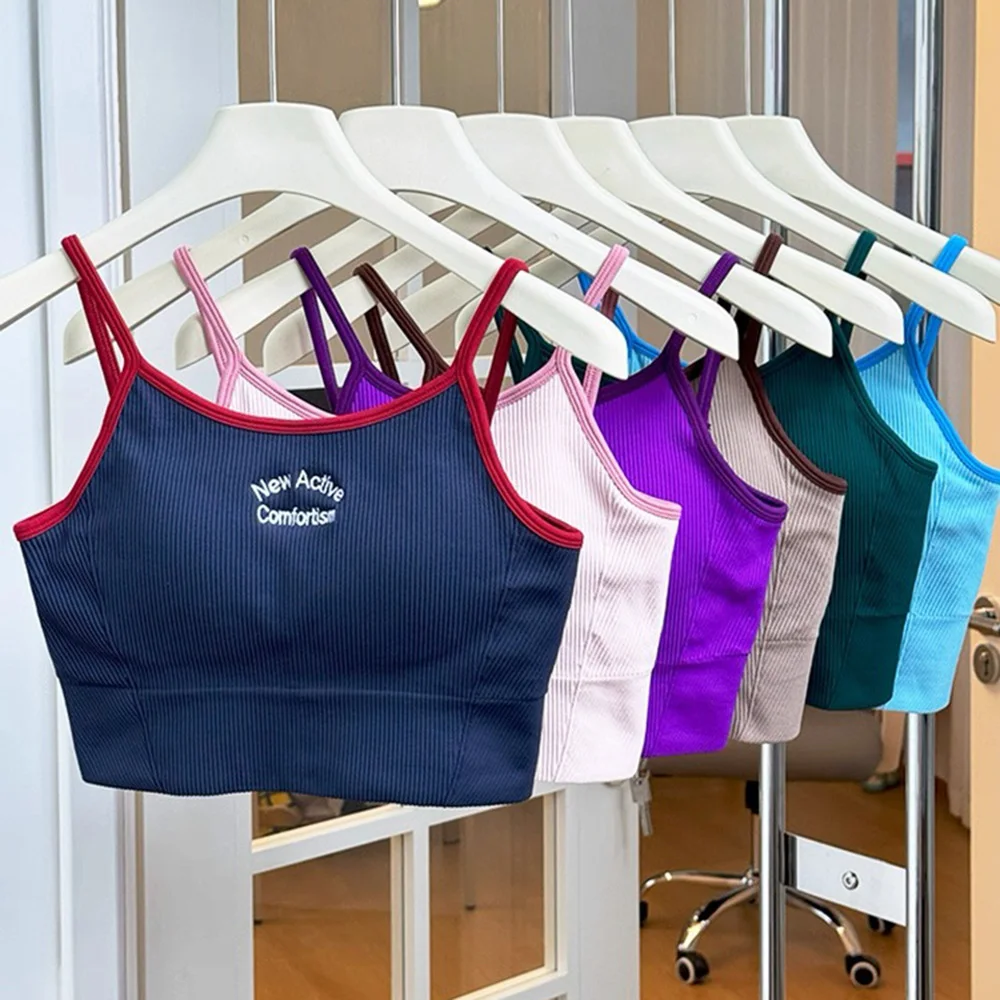 Color Blocking Small Camisole Sports Bra Women's Fixed Cup Fitness Bra Running Pra Acceleration Dry Training Yoga
