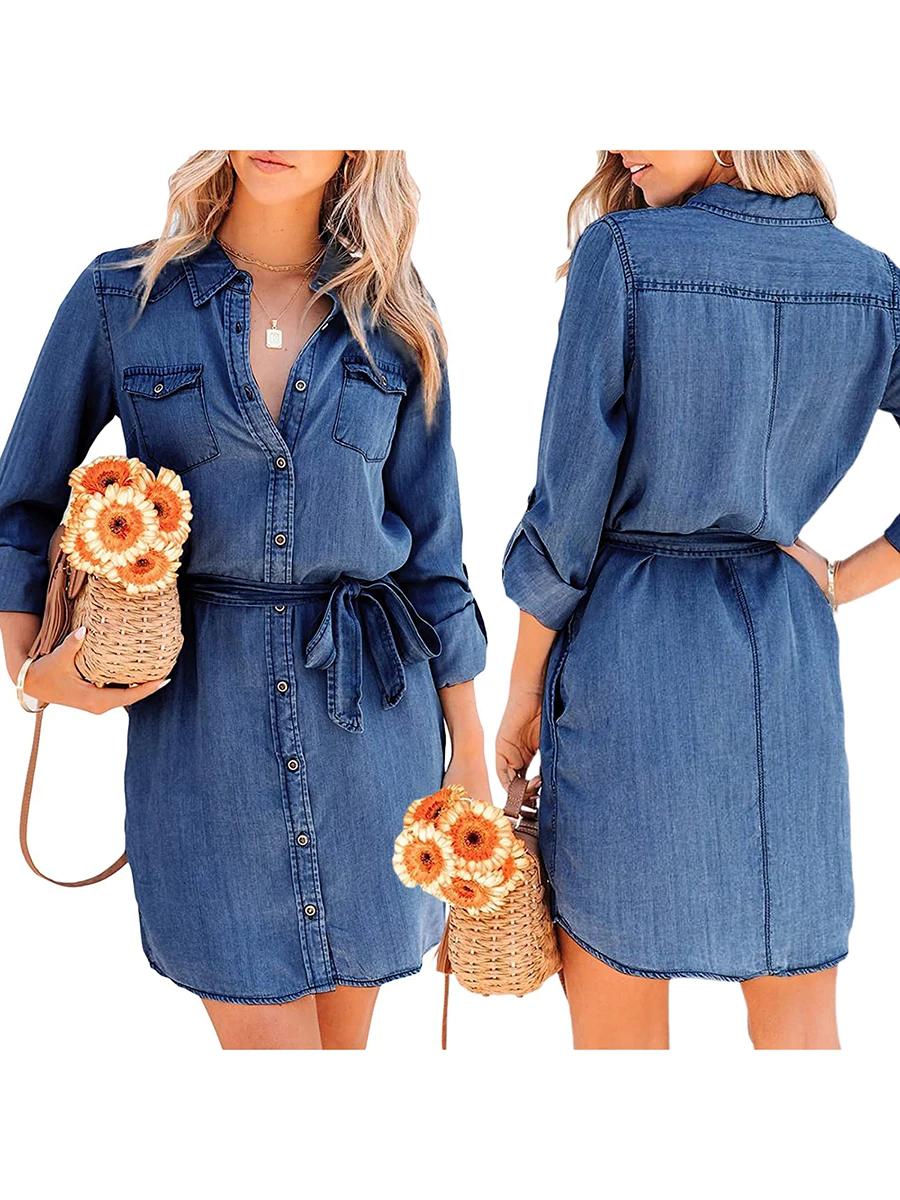 Women s Collar V Neck Button Down Pleated Long Sleeve Denim Tie Waist Casual Jean Pocket Mini Dresses with Belt