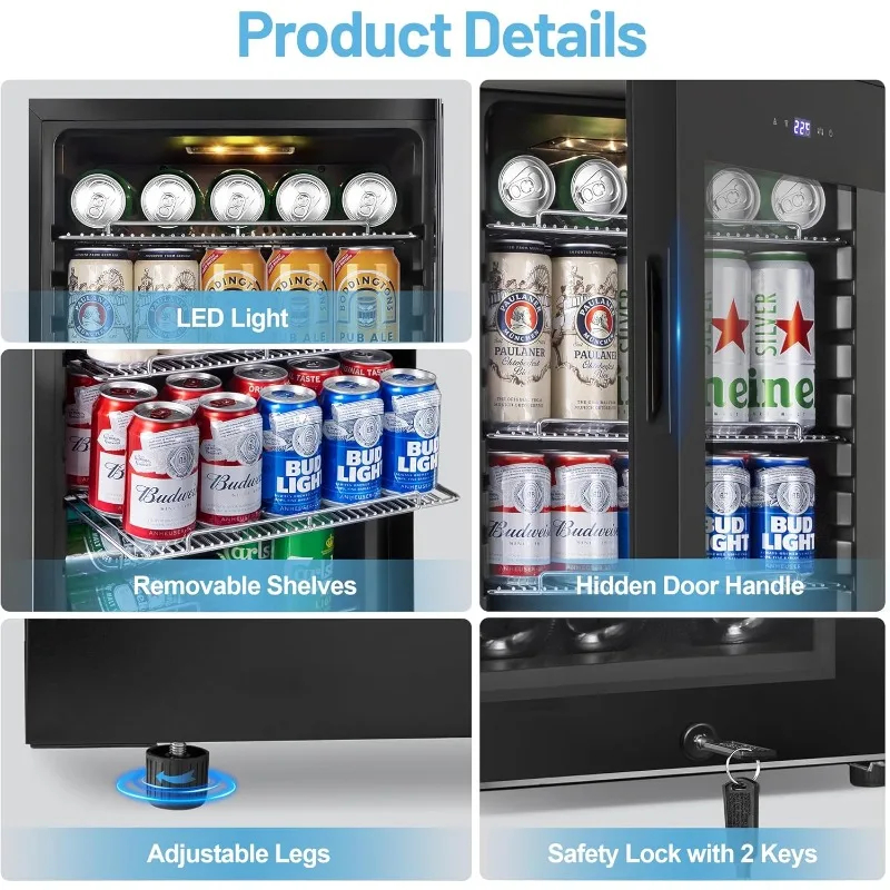 مبرد ثلاجة المشروبات، ثلاجة صغيرة قائمة بذاتها مقاس 17 بوصة و120 علبة مع باب زجاجي، وأرفف قابلة للتعديل وإضاءة LED #6