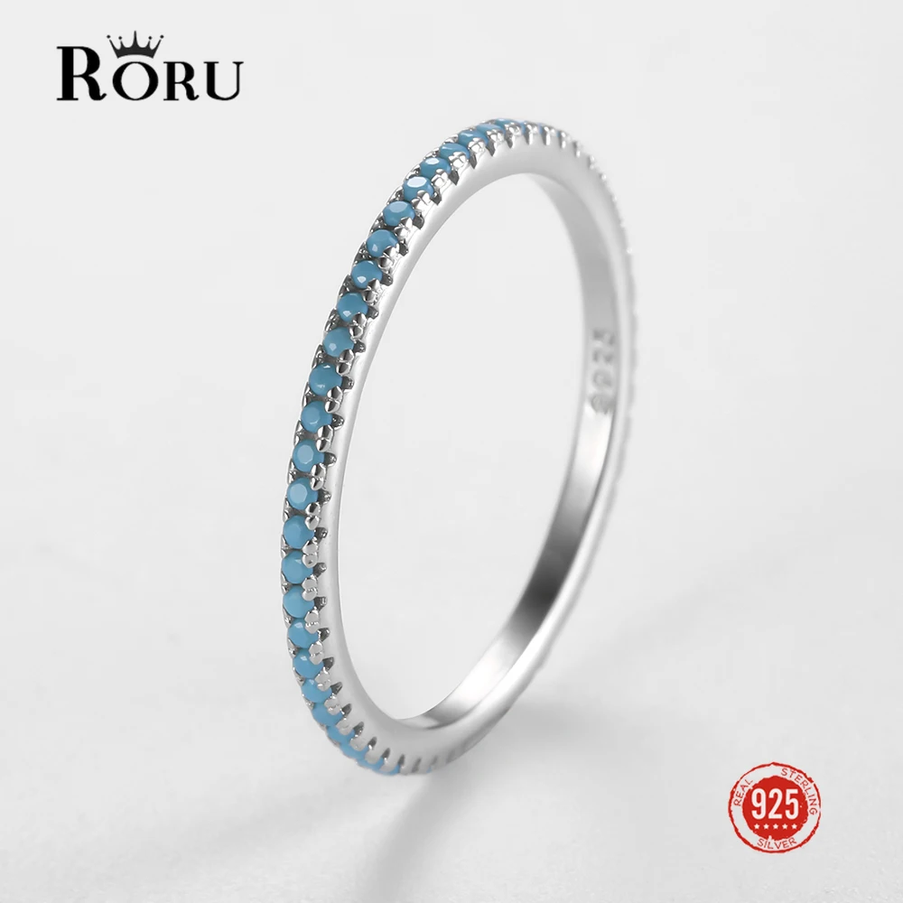 RORU 925 Sterling Silver Classic Exquisite Turquoise Charm Stack-able Thin Finger Ring for Women Trendy Eternity Bands Gifts