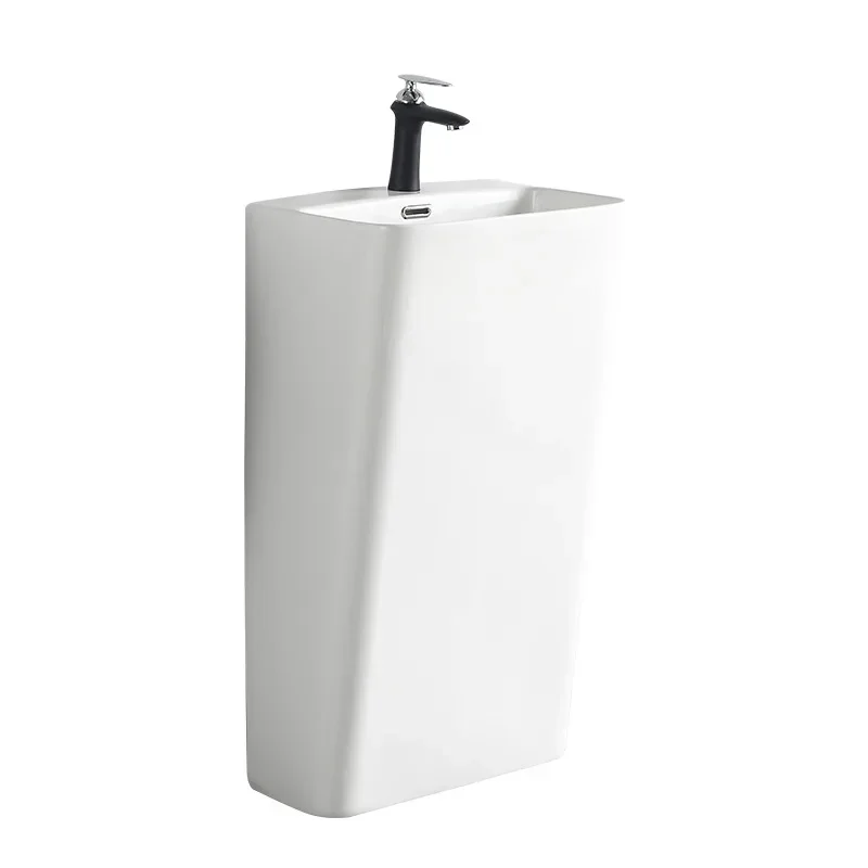 Image 5: Lavabo sur pied moderne en céramique cylindrique avec support rectangulaire pour salle de bain