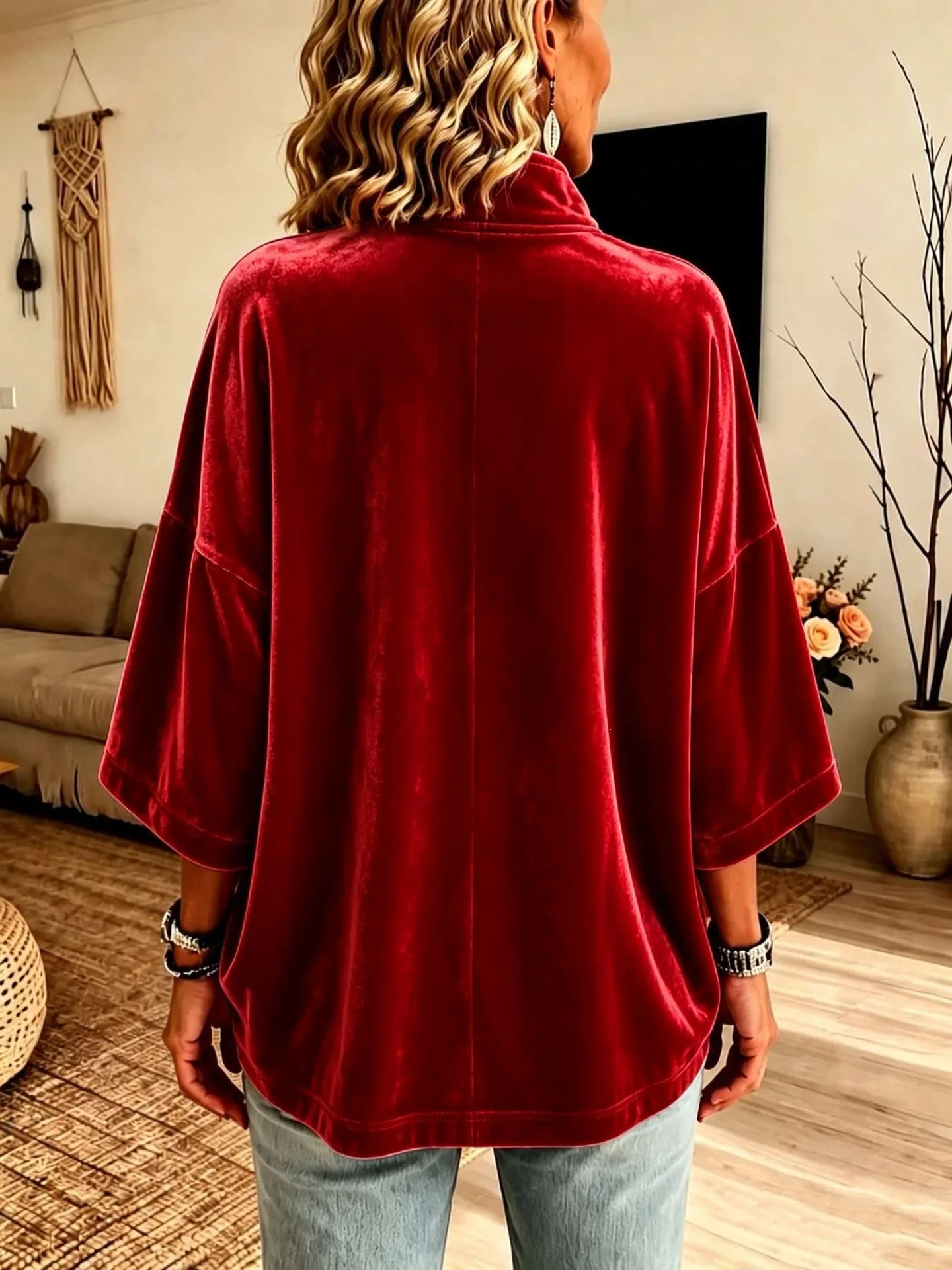 Autumn Winter Velvet Solid Half Zip Sweatshirts Stand Collar 3/4 Sleeve Loose Casual Pullover Tops Women Vacation Daily Hoodie
