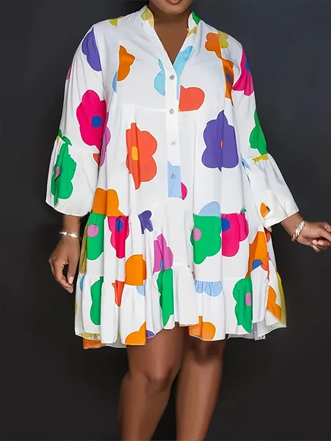 Sukienka damska plus size w kwiatowy wzór, jesienna, codzienna, luźna, z dekoltem w serek, zapinana na guziki, streetwearowa, poliestrowa, plisowana, modna, kolekcja 2025.