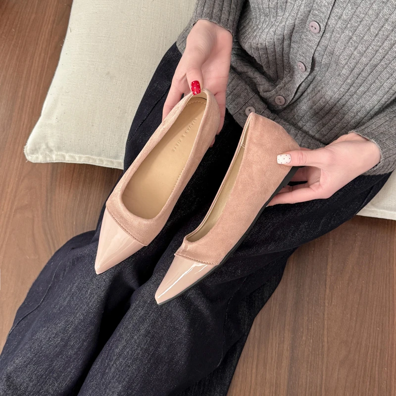 

Женские французские одинарные туфли со вставками, пригородная рабочая обувь на плоском каблуке