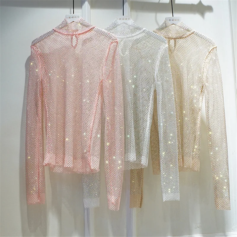 Rhinestones ผู้หญิงเพชร Turtelneck Tops & Tees รันเวย์ที่มีชื่อเสียงหรูหรายี่ห้อยุโรป Party เสื้อยืดสไตล์ Spoleras Mujer