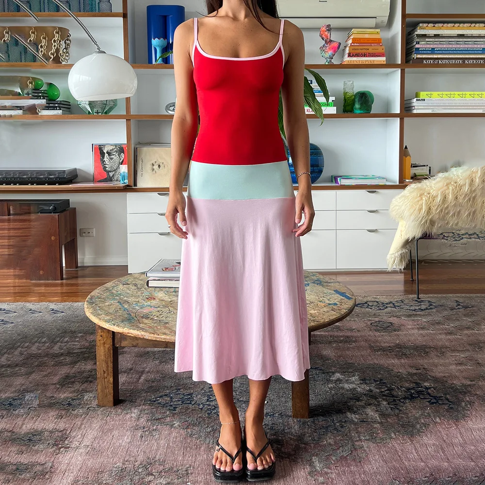 Casual Spaghetti Strap A-line Dress Women's Casual Dresses Vestido All-match Hot Girl Style Beachwear Contrast Patchwork Fashion