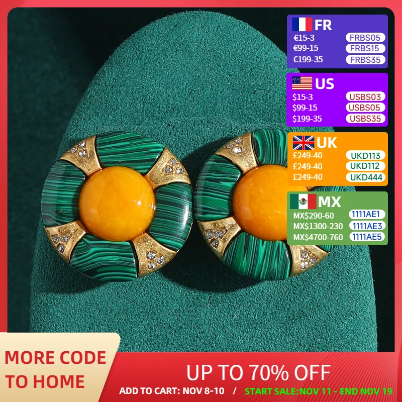 

Vintage Round Green Malachite Studs Earrings Bohemian Jewelry Yellow Natural Stone Luxury Woman Antique Gold Color Accessories