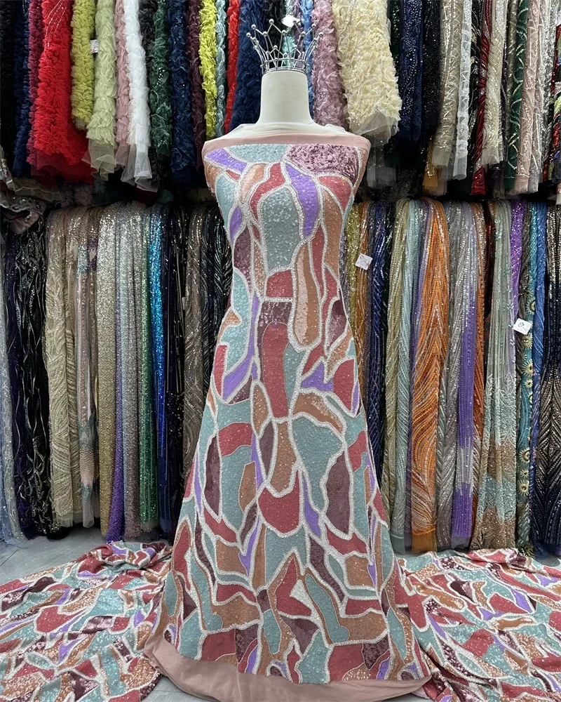 

Африканское французское эластичное кружевное полотно с бисером и вышивкой, украшенное нигерийскими пайетками, 5 ярдов, для праздничных платьев, коллекция 2026 года