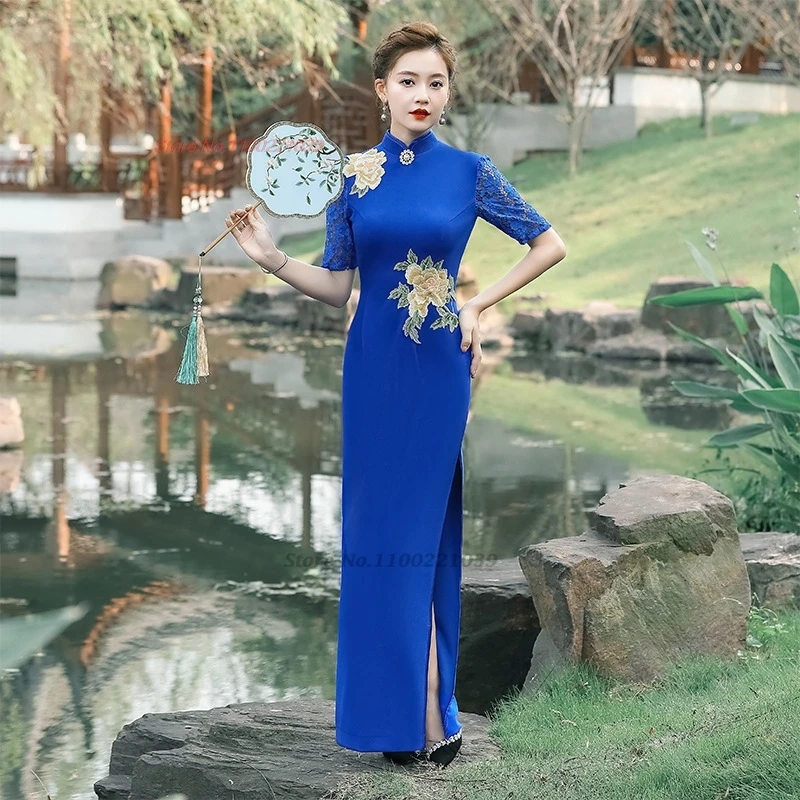 

2025 chinese vintage dress cheongsam improved qipao national flower embroidery lace sleeve evening banquet dress formal qipao