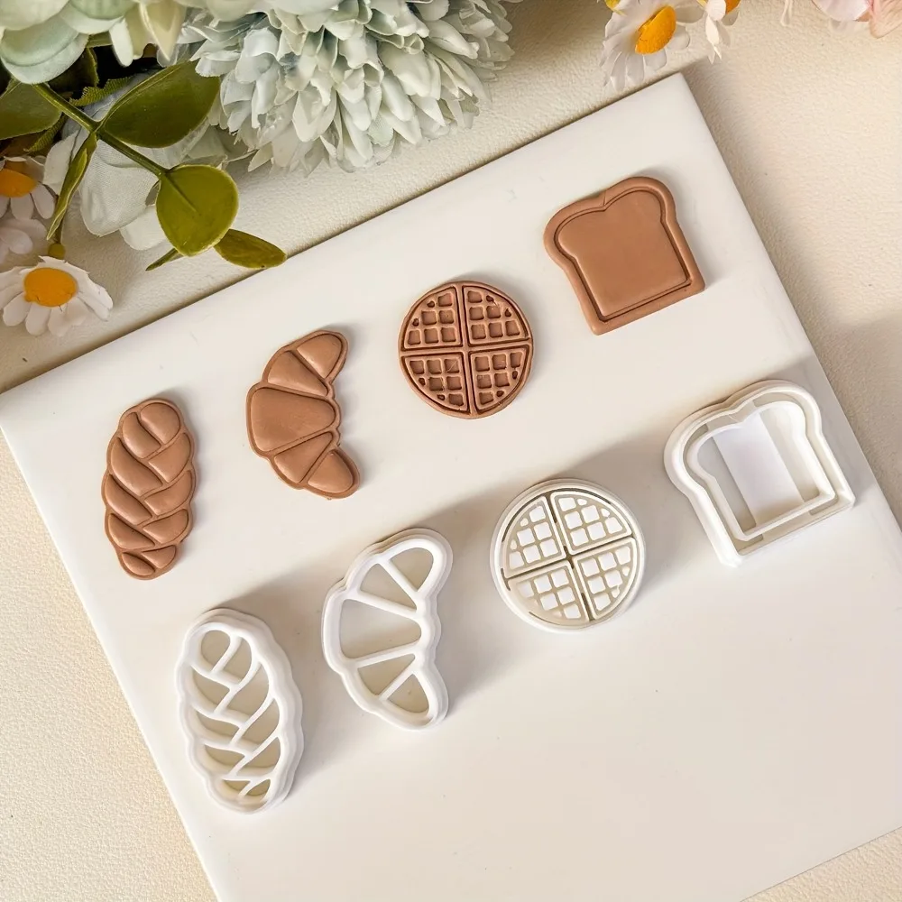 4Pcs Bread Themed Cookie Cutter Set, Croissant, Toast, Waffle & Braided Bread Molds for Baking, Fondant & Christmas Gifts
