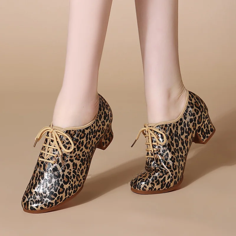 Leopard dance Sneakers women Dance Shoes Ballroom Women Latin Modern Jazz outdoor rubber Sole square heels 3.5/5cm