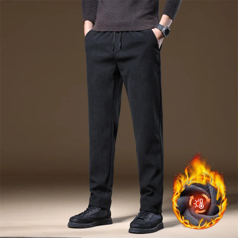 عالية الجودة الشتاء الصوف الدافئة سراويل تقليدية الرجال مرونة الخصر مستقيم سستة جيب في الهواء الطلق يتدفقون سروال قصير الذكور