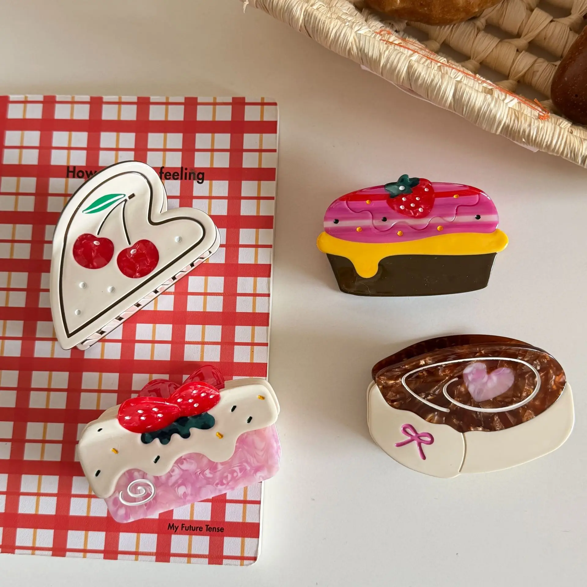 Pinzas para el Cabello con Forma de Pastelito para Mujer, Pinzas de Acetato con Diseño de Fresa y Cereza, Accesorios para el Cabello Kawaii Y2K