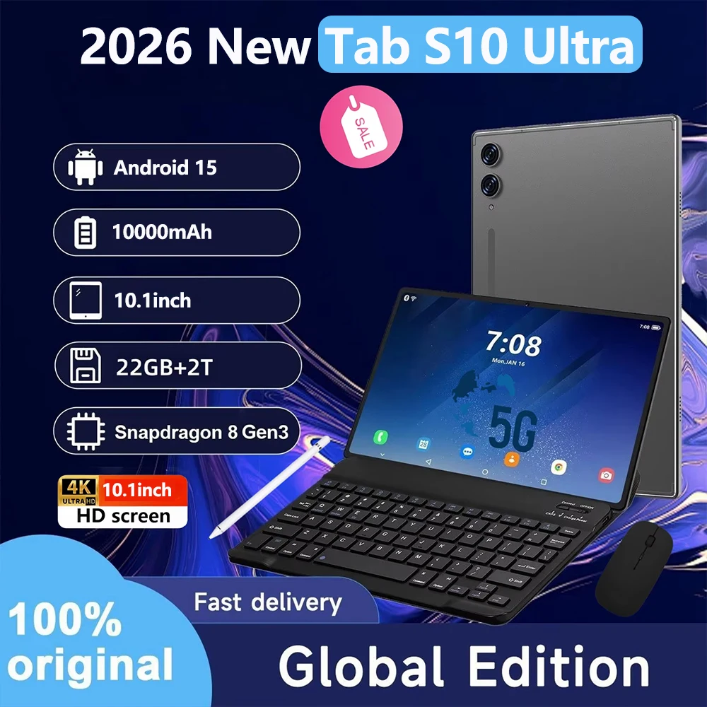 

2026 New Original Global Version Hot Tab S10 Ultra Tablet 10.1inch HD 4K Android 15 16GB+1T 10000mAh 5G Dual SIM WiFi GPS Tab