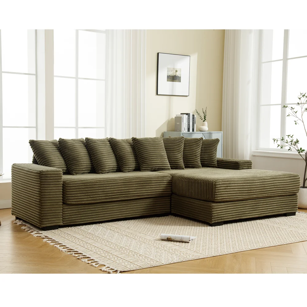 

[NEW] L Shaped Corduroy Sofa, Right Chaise, Armrests, 8 Throw Pillows, Green, Easy To Assemble
