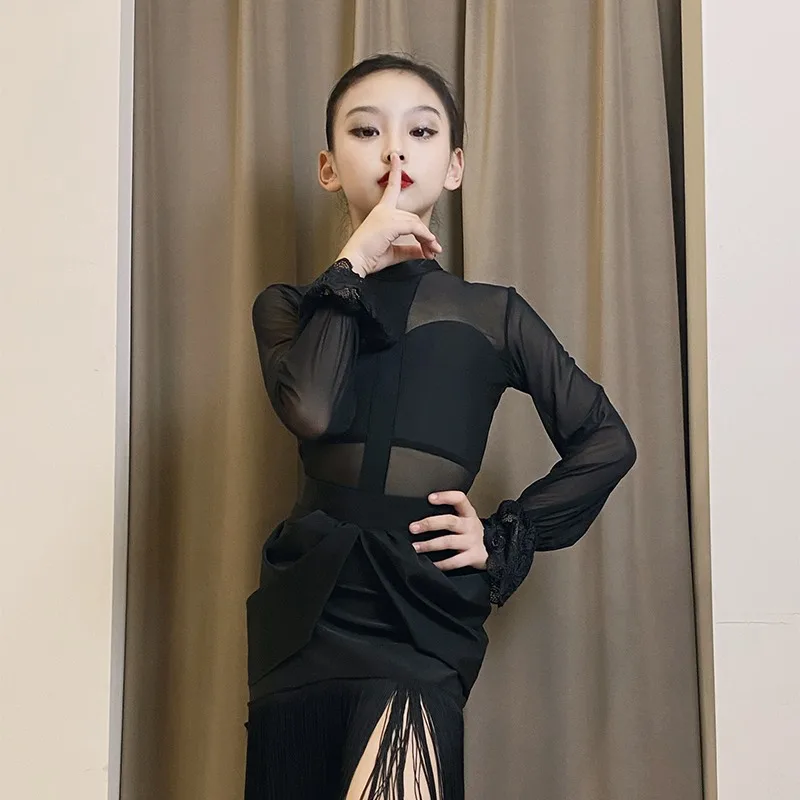 

Черная юбка для латинских танцев по индивидуальному заказу, тренировочный наряд для девочек, костюмы для выступлений, комплект костюмов, платья для соревнований по бальным танцам, женские платья