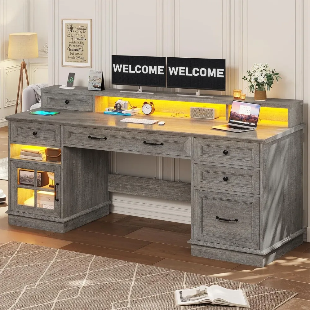 Farmhouse Executive Desk with File Drawer, Computer Desk with Charging Station & LED Lights, Home Office Desk with Drawers