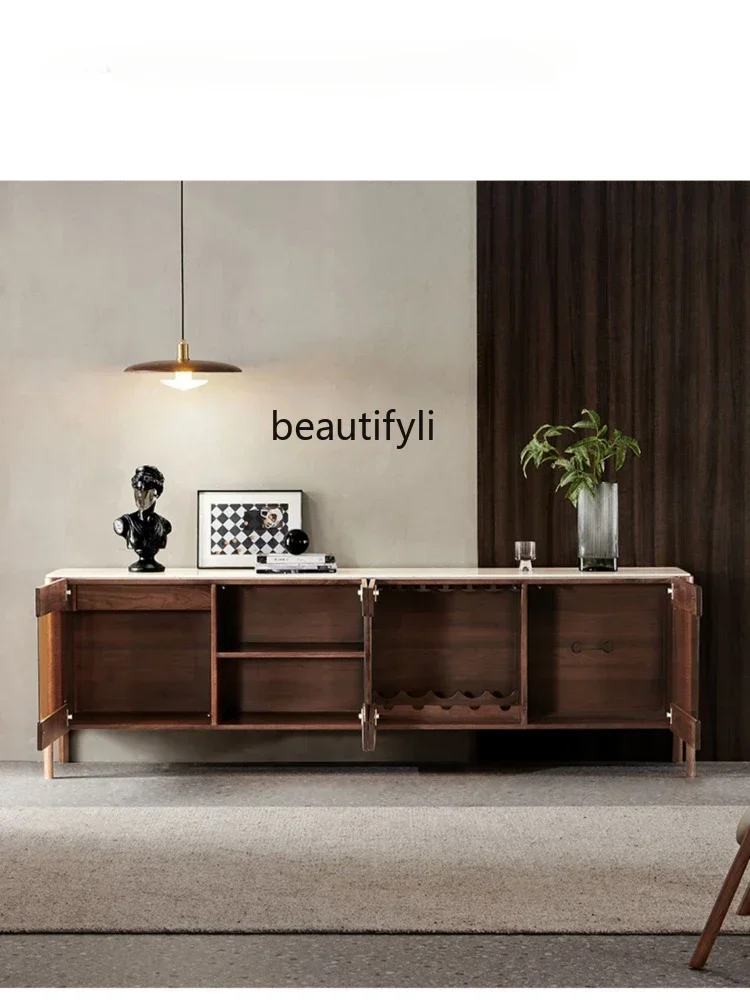 

1184 North America Black Walnut Wood Sideboard Cabinet Italian Solid Wood Household Restaurant Marble Storage Cabinet