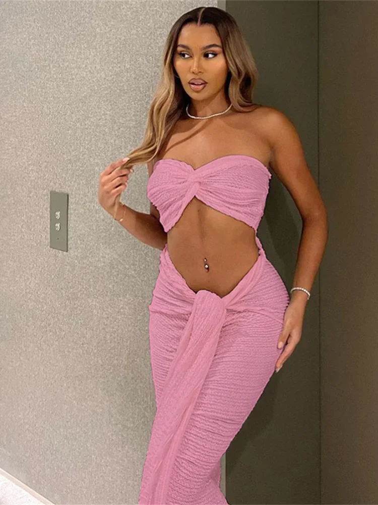 Estranho gato elegante feminino 2 peça conjunto meia-noite fino listrado nó sem alças topos + saias bandagem 2023 férias combinando clubwear