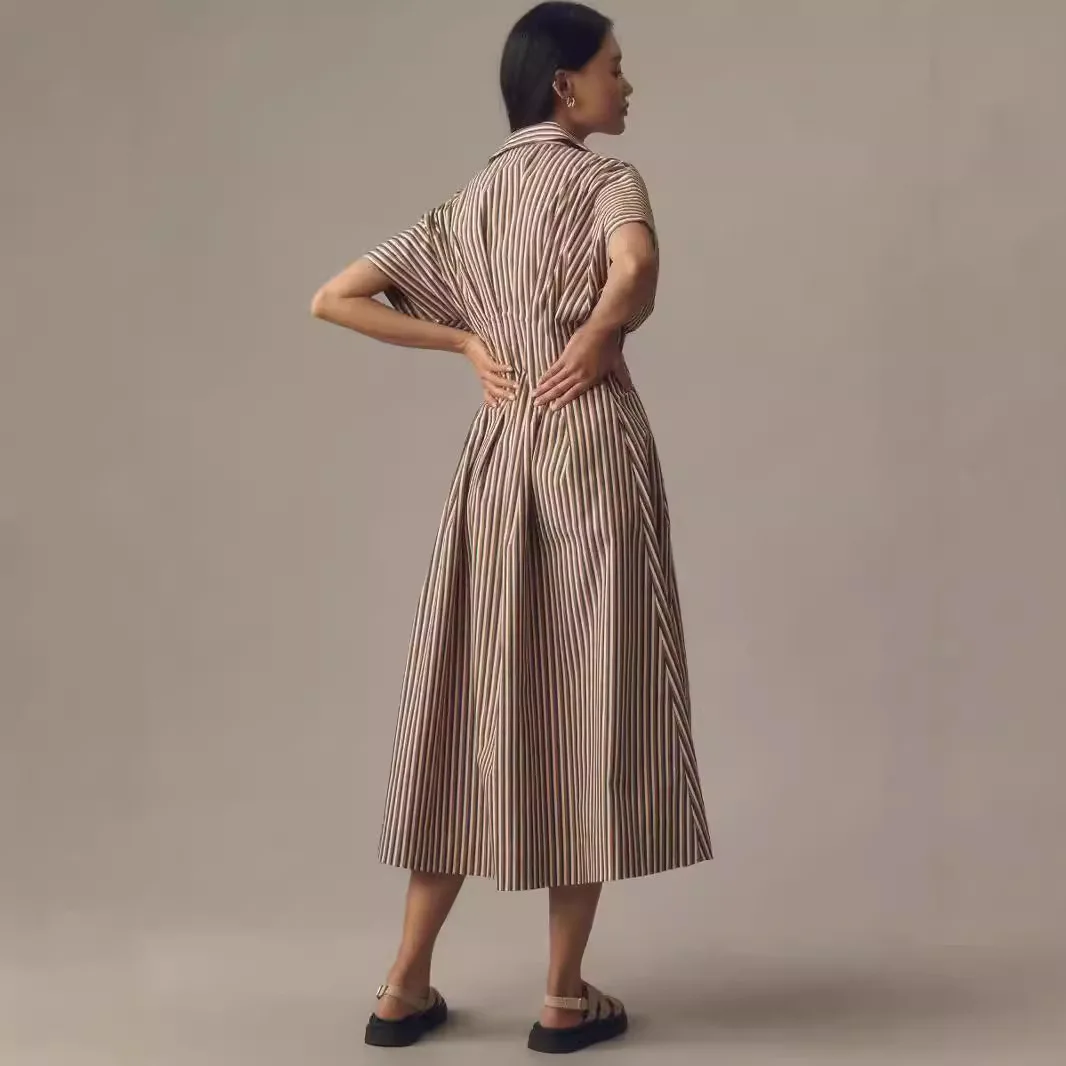 Robe chemise à manches courtes pour femmes, ample et décontractée, en coton et lin, à rayures, nouveau Style, jupe Midi, confortable et respirante, été