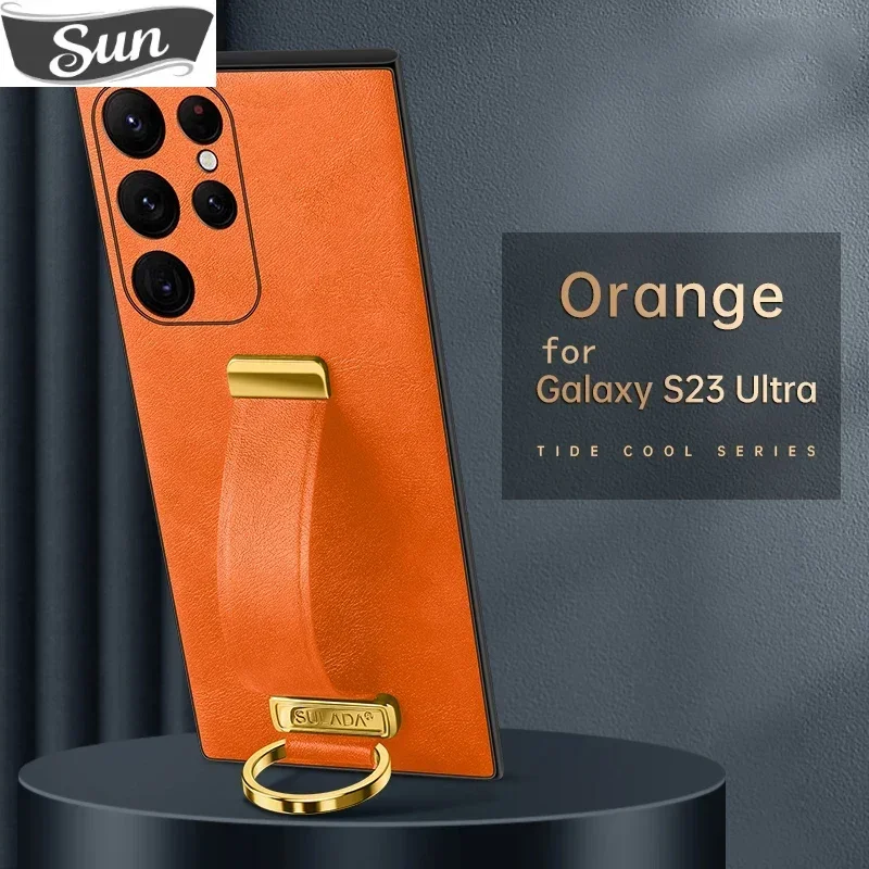 Luxury Leather Cover for Samsung Galaxy S23 Ultra S22 Plus S24 Case with Portable Wristband Hand Strap Kickstand Metal Ring