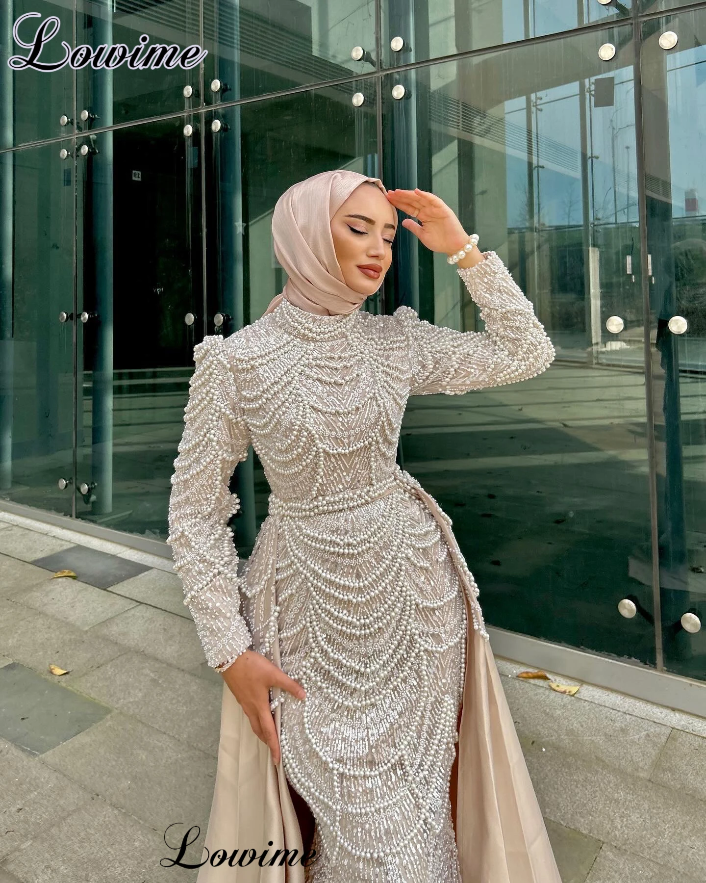 Middle East Champagne Celebrity Dresses With Detachable Train Muslim Formal Occasion Dresses Mermaid Vestidos De Gala Gowns