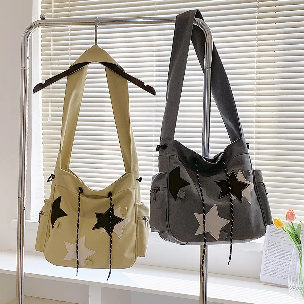 

Women Casual Satchel Bag Large Capacity Canvas Daily Shopping Bag Star Applique Y2K Street Style School Bag for Teens Students