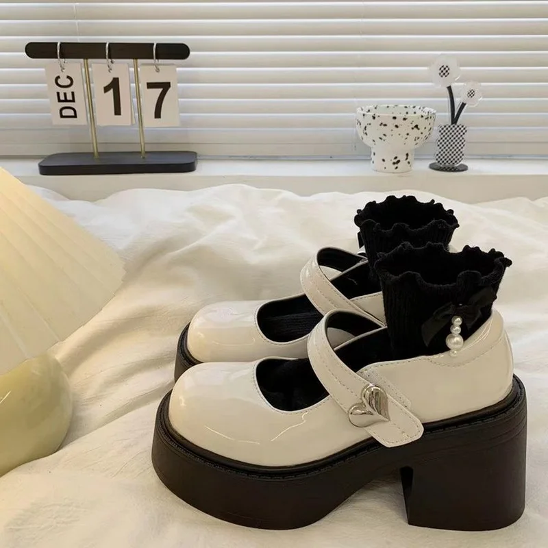 

New high heel mary jane pumps women platform faux leather shoes JK lolita cosplay woman shallow strappy pumps block chunky heels