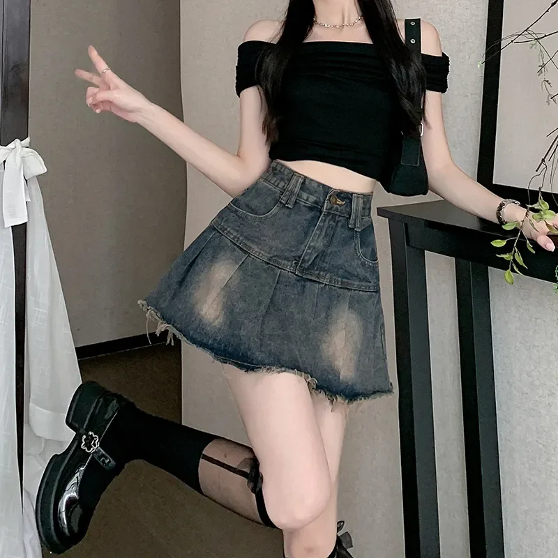American Hotsweet Pleated Denim Skirts Spring Autumn Vintage A-line Female Clothing High Waist Button Preppy Style Mini Skirts